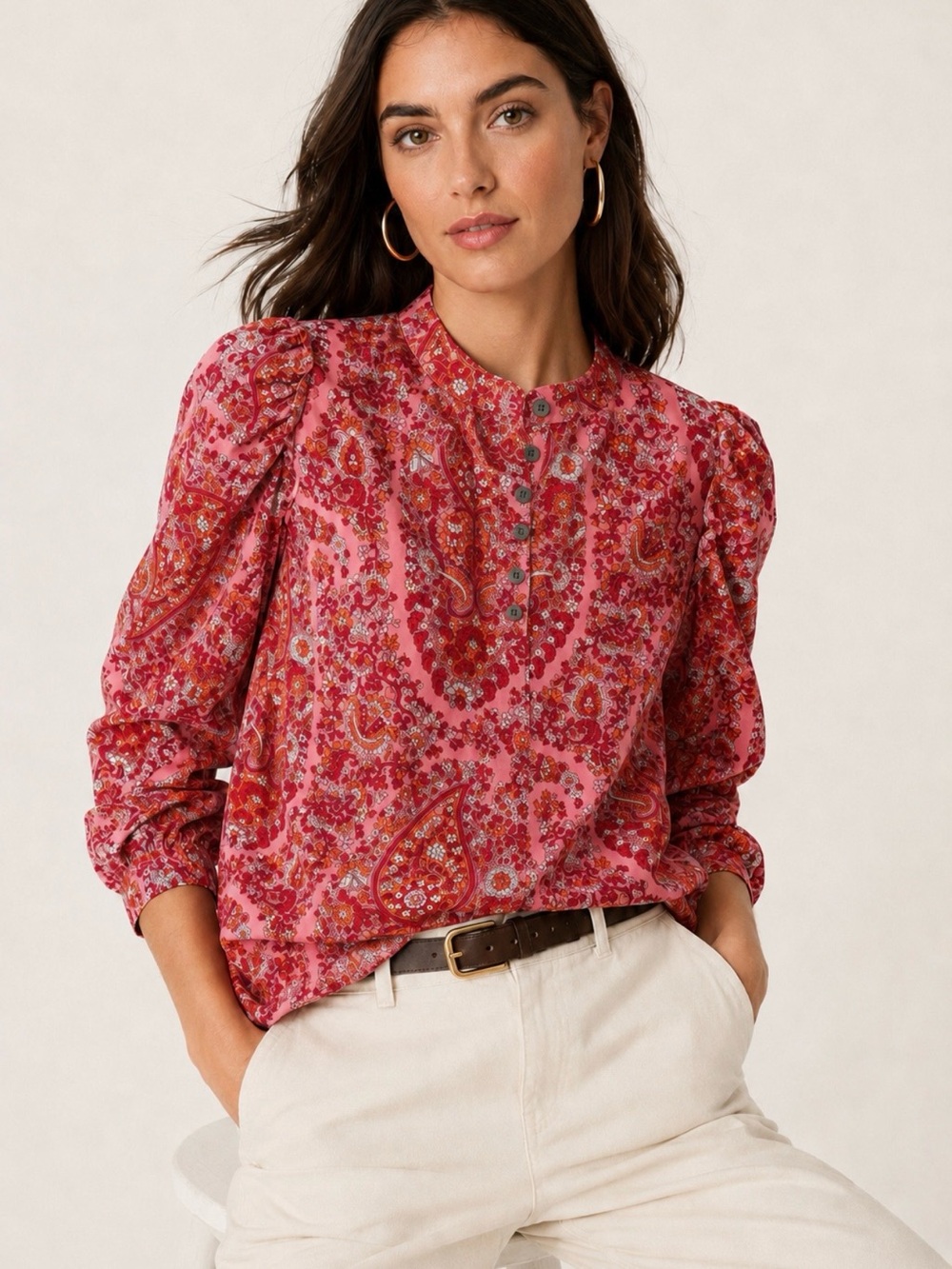 J.Crew Pink Paisley Floral Shirt Cotton Puff Sleeve Blouse Size M Boho Top Fall